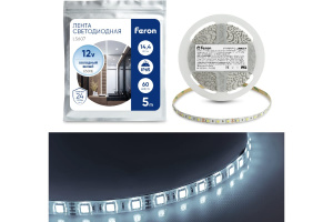 Лента светодиодная LS607 14.4W/m 60SMD 5m12V IP65, 4000К белое основание, 5м/5050 48290