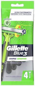 GILLETTE BLUE 3 Simple Sensitive Бритвы безопасные одноразовые 4шт (9707) Х10909