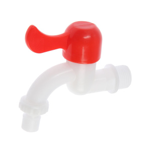 Кран водоразборный со штуцером ZEIN Z2198, с плоской красной ручкой, PP, кран-букса, белый 5541254