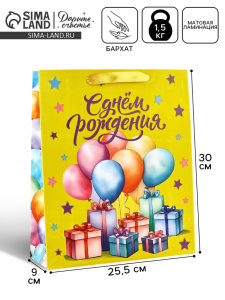 Пакет подарочный бархатный, упаковка, «С Днём рождения», бархат, M 25.5×30×9 см (10662454) 1047211